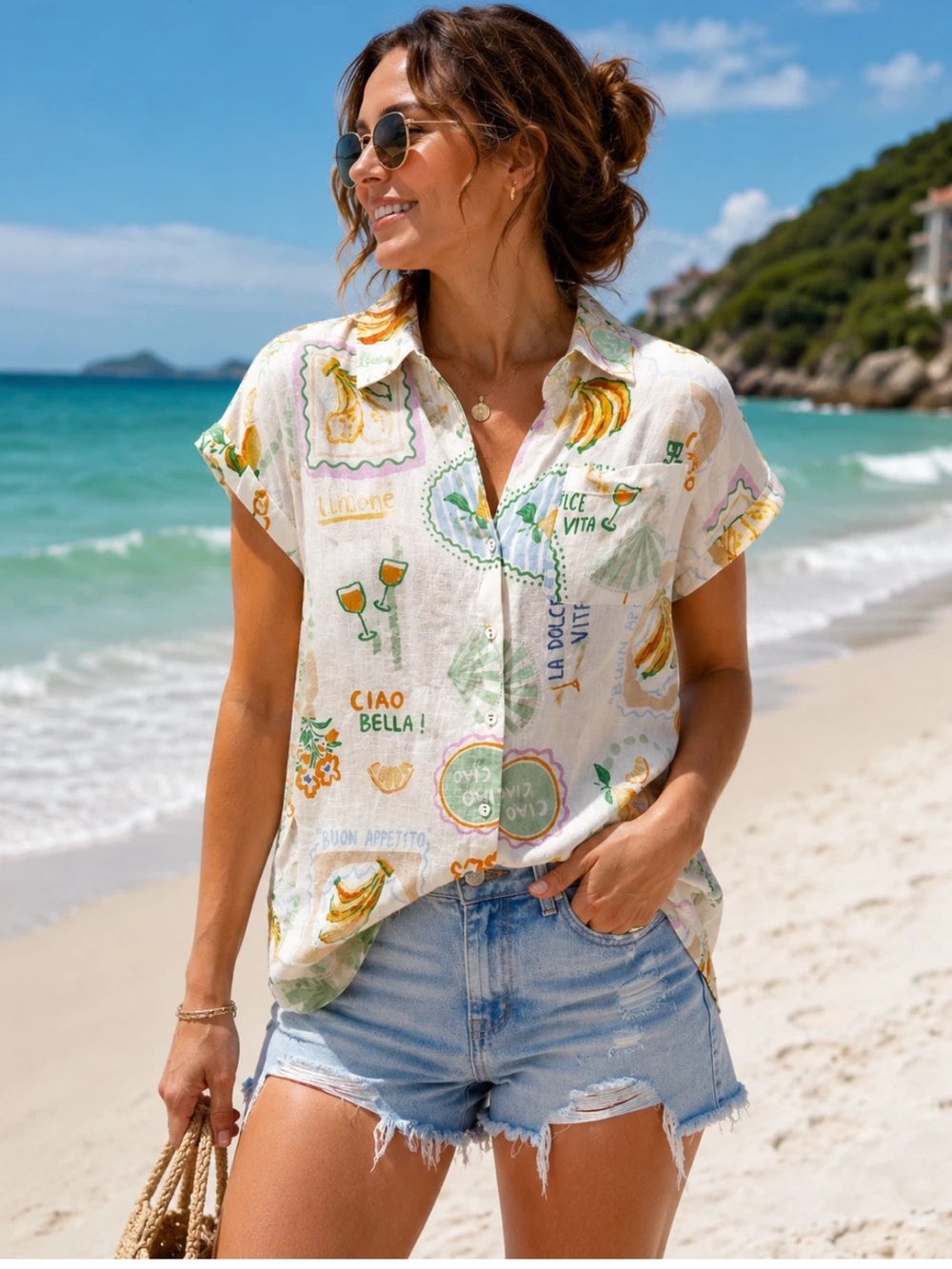 Paper Heart Linen Blend Italian Print Button Shirt Womens Medium White Lemon NWT